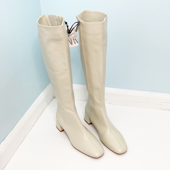 Zara cream White Leather Knee High with Block Heel and Square Toe Boots - Picture 6 of 12